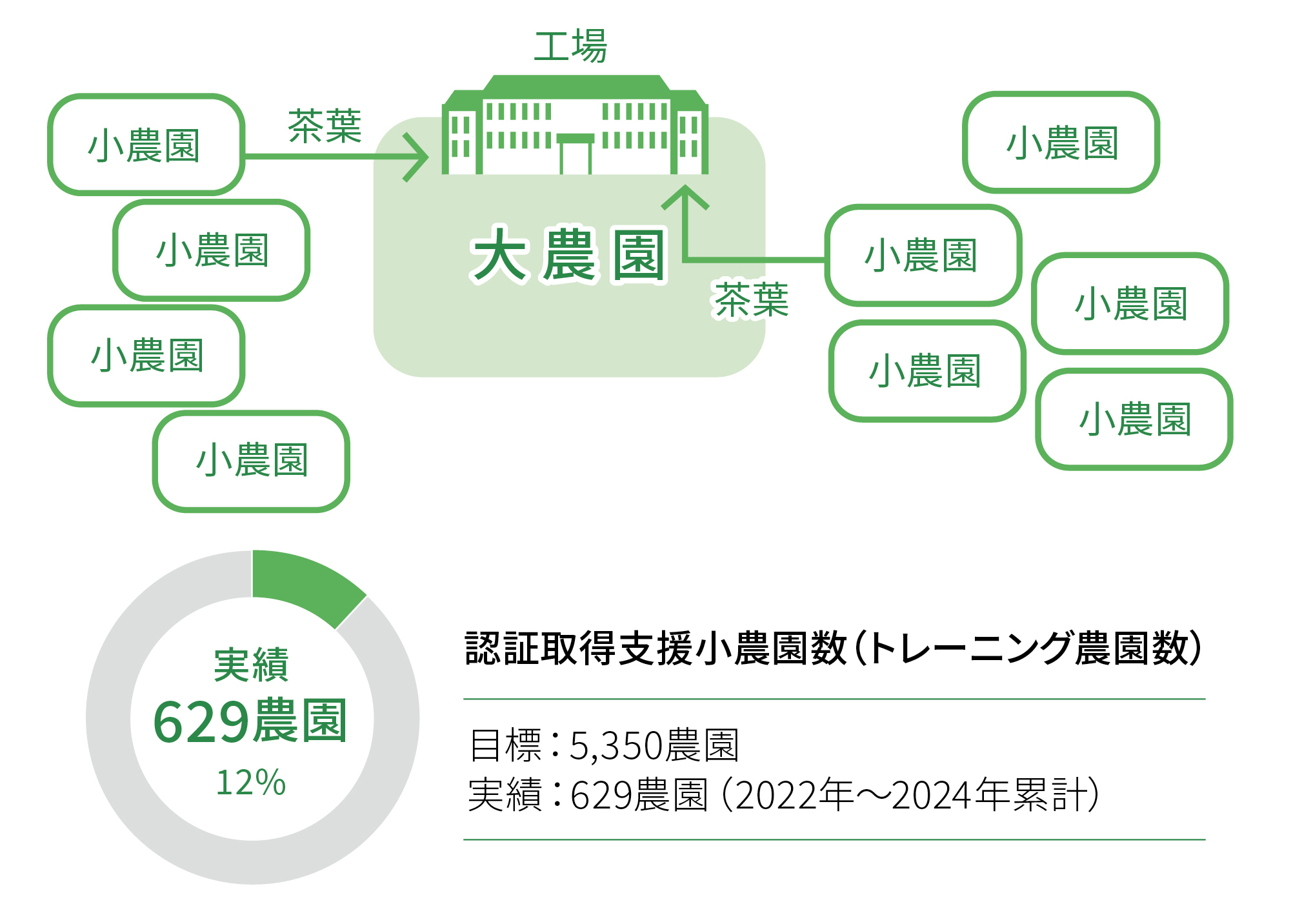 認証取得支援小農園数（トレーニング農園数）目標：5,350農園実績：629農園　12%（2022年～2024年累計）